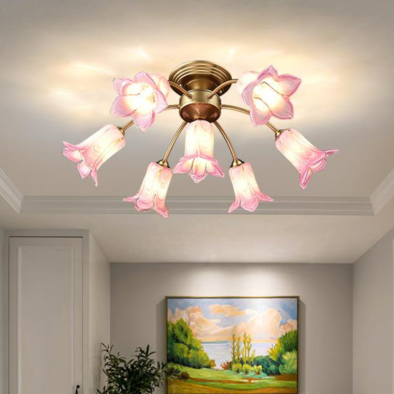 7 Bulbs Countryside Lily/Tulip Glass Ceiling Light - Semi Flush Mount for Living Room