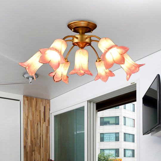 7 Bulbs Countryside Lily/Tulip Glass Ceiling Light - Semi Flush Mount for Living Room