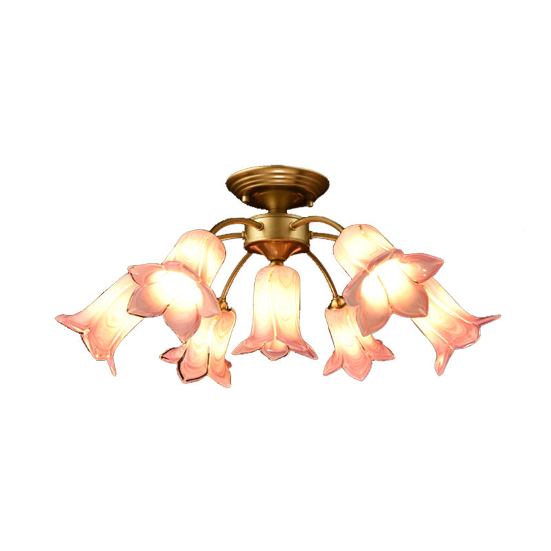 7 Bulbs Countryside Lily/Tulip Glass Ceiling Light - Semi Flush Mount for Living Room