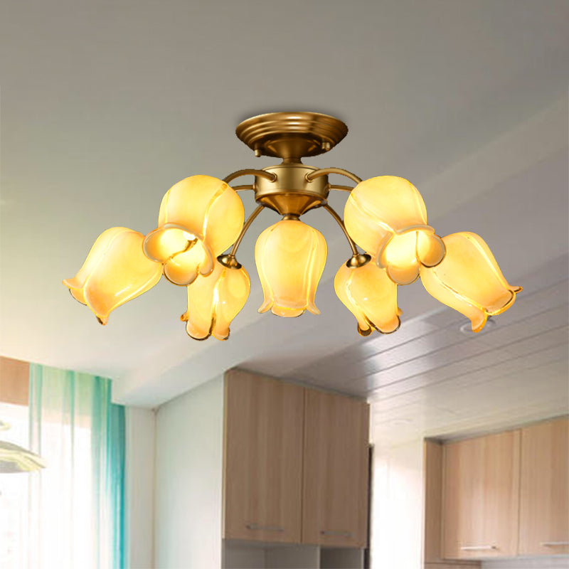 7 Bulbs Countryside Lily/Tulip Glass Ceiling Light - Semi Flush Mount for Living Room