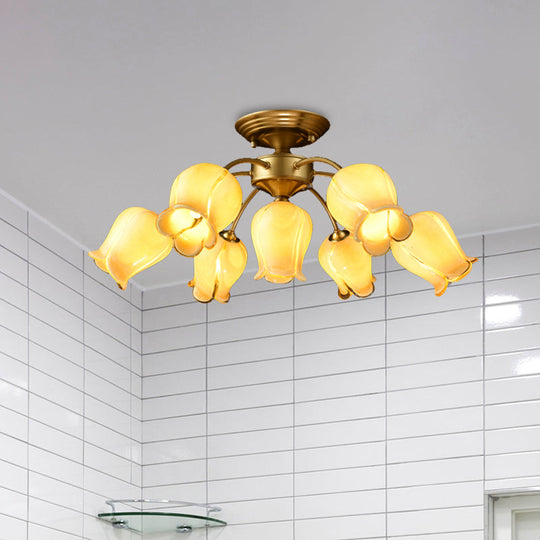 7 Bulbs Countryside Lily/Tulip Glass Ceiling Light - Semi Flush Mount for Living Room