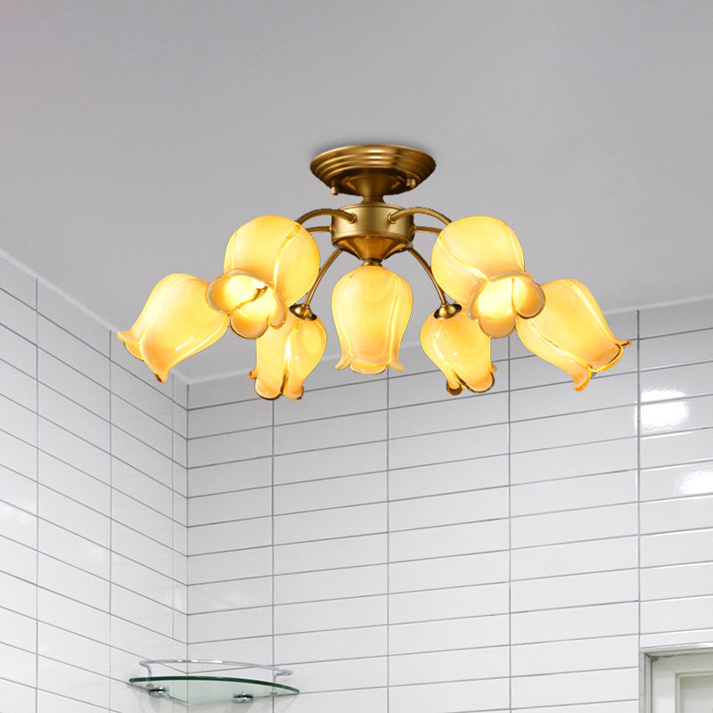 7 Bulbs Countryside Lily/Tulip Glass Ceiling Light - Semi Flush Mount For Living Room