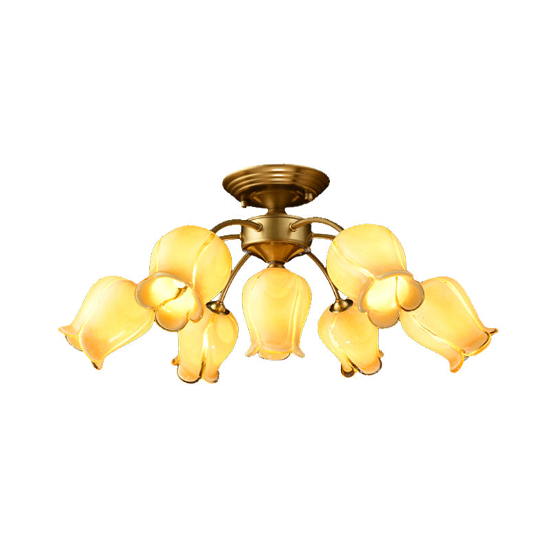 7 Bulbs Countryside Lily/Tulip Glass Ceiling Light - Semi Flush Mount for Living Room