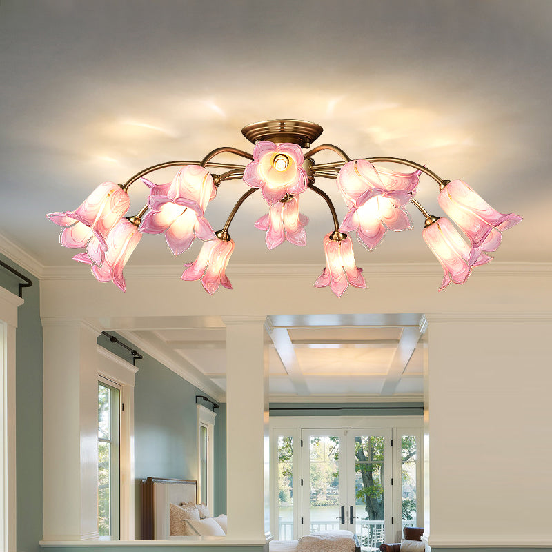 10-Head Led Semi Flush Mount Ceiling Light For Bedroom With Pastoral Lily/Tulip Glass Shade -