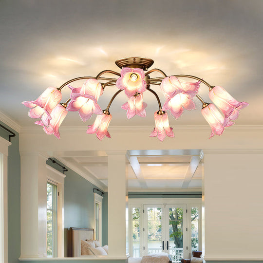 10-Head Led Semi Flush Mount Ceiling Light For Bedroom With Pastoral Lily/Tulip Glass Shade -