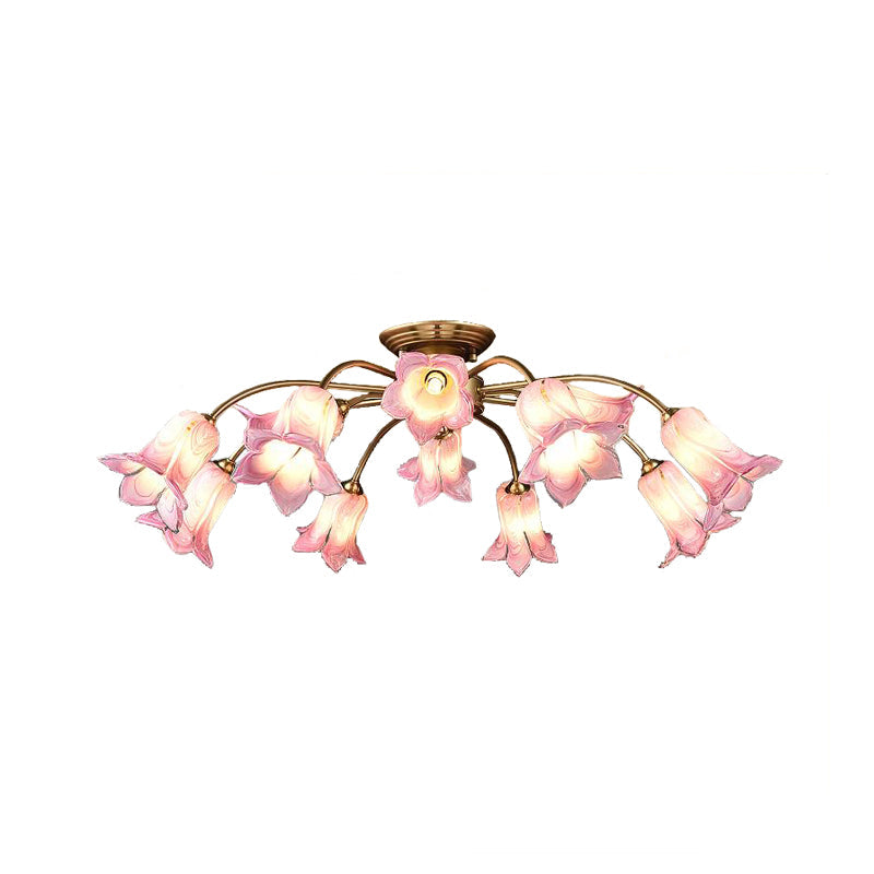 10-Head LED Semi Flush Mount Ceiling Light for Bedroom with Pastoral Lily/Tulip Glass Shade - White/Purple/Beige