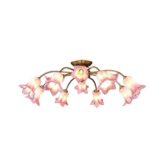 10-Head Led Semi Flush Mount Ceiling Light For Bedroom With Pastoral Lily/Tulip Glass Shade -