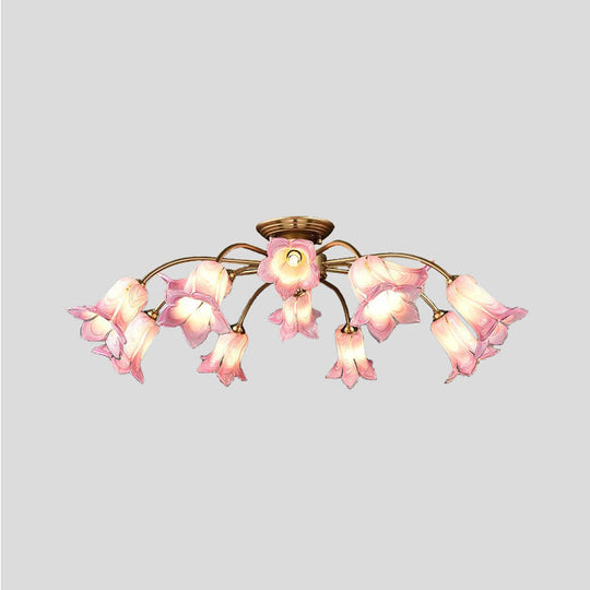 10-Head Led Semi Flush Mount Ceiling Light For Bedroom With Pastoral Lily/Tulip Glass Shade -