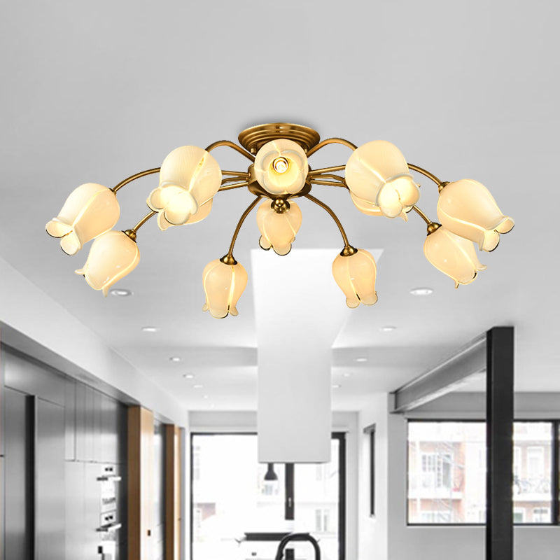 10-Head Led Semi Flush Mount Ceiling Light For Bedroom With Pastoral Lily/Tulip Glass Shade -