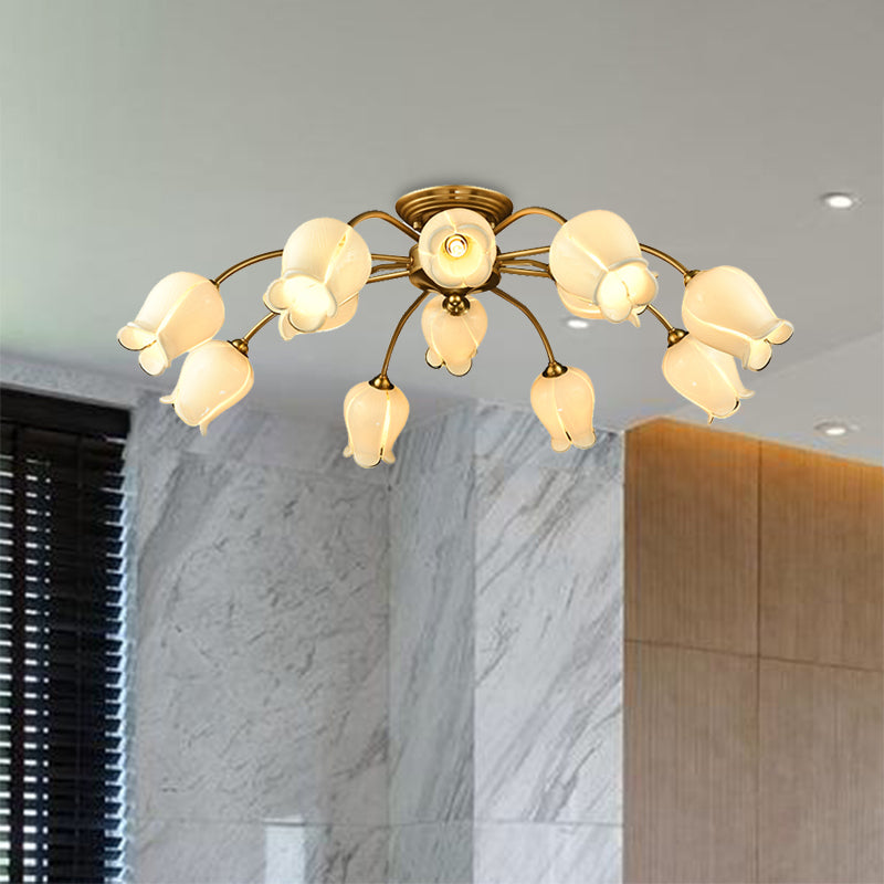 10-Head LED Semi Flush Mount Ceiling Light for Bedroom with Pastoral Lily/Tulip Glass Shade - White/Purple/Beige