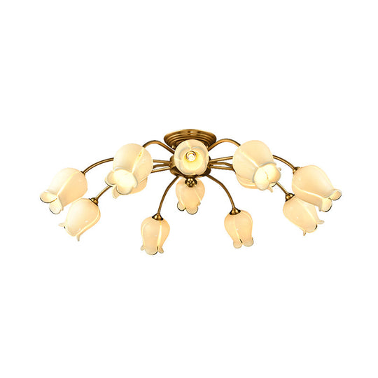 10-Head Led Semi Flush Mount Ceiling Light For Bedroom With Pastoral Lily/Tulip Glass Shade -