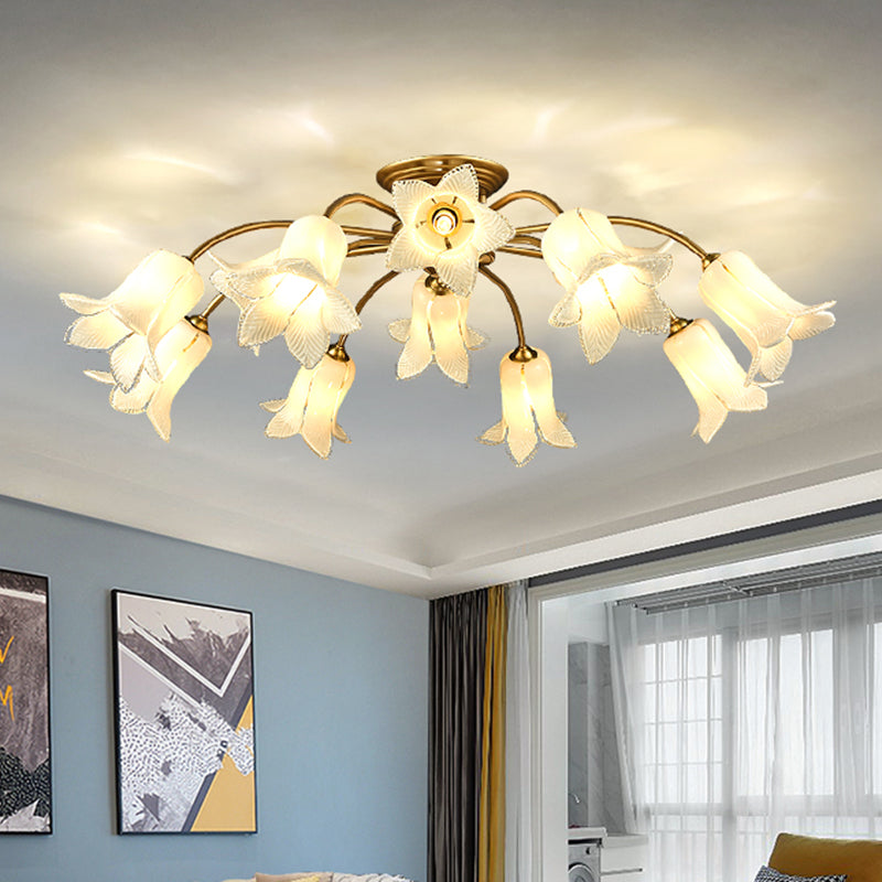 10-Head LED Semi Flush Mount Ceiling Light for Bedroom with Pastoral Lily/Tulip Glass Shade - White/Purple/Beige