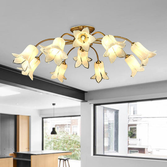 10-Head Led Semi Flush Mount Ceiling Light For Bedroom With Pastoral Lily/Tulip Glass Shade -