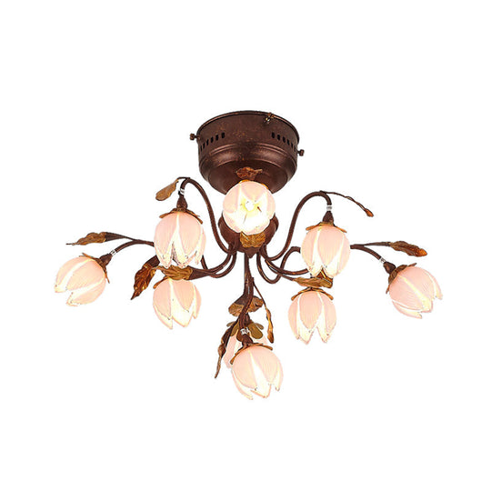 Lotus Metal Ceiling Lamp - 9-Bulb Semi Flush Mount in Dark Brown - Perfect for Living Rooms and Pastoral Decor