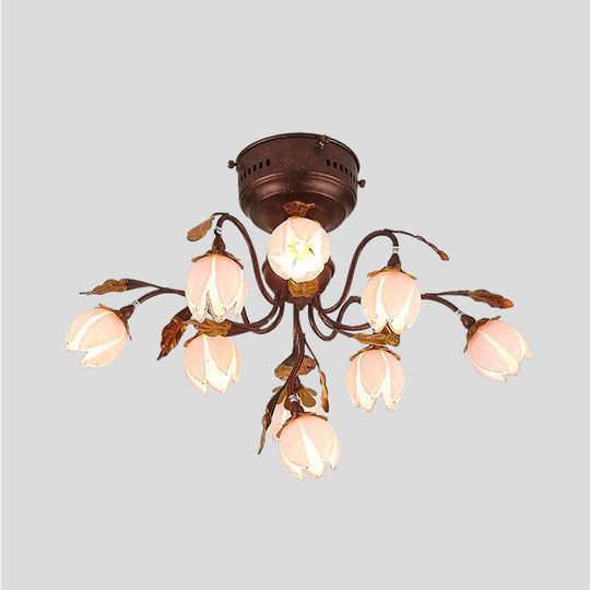 Lotus Metal Ceiling Lamp - 9-Bulb Semi Flush Mount in Dark Brown - Perfect for Living Rooms and Pastoral Decor