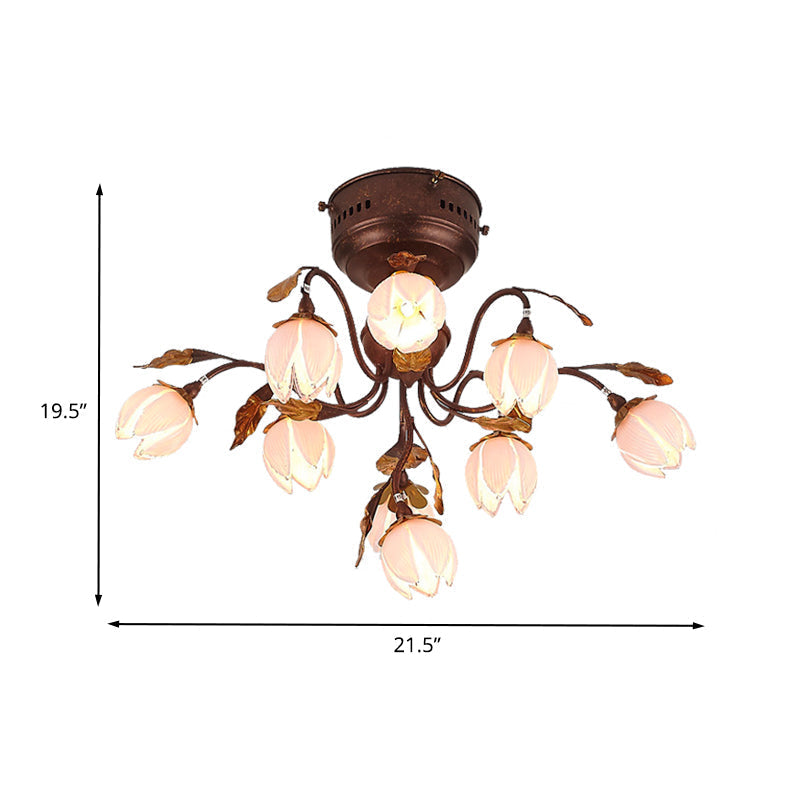 Lotus Metal Ceiling Lamp - 9-Bulb Semi Flush Mount in Dark Brown - Perfect for Living Rooms and Pastoral Decor