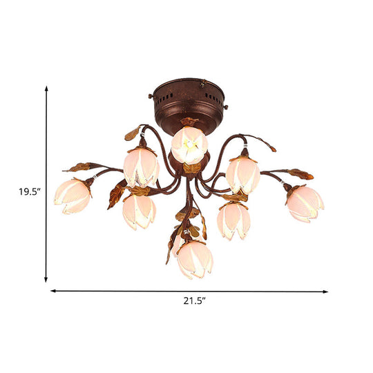 Lotus Metal Ceiling Lamp - 9-Bulb Semi Flush Mount in Dark Brown - Perfect for Living Rooms and Pastoral Decor