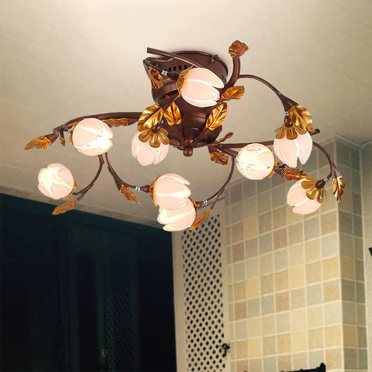 Lotus Metal Ceiling Lamp - 9-Bulb Semi Flush Mount in Dark Brown - Perfect for Living Rooms and Pastoral Decor