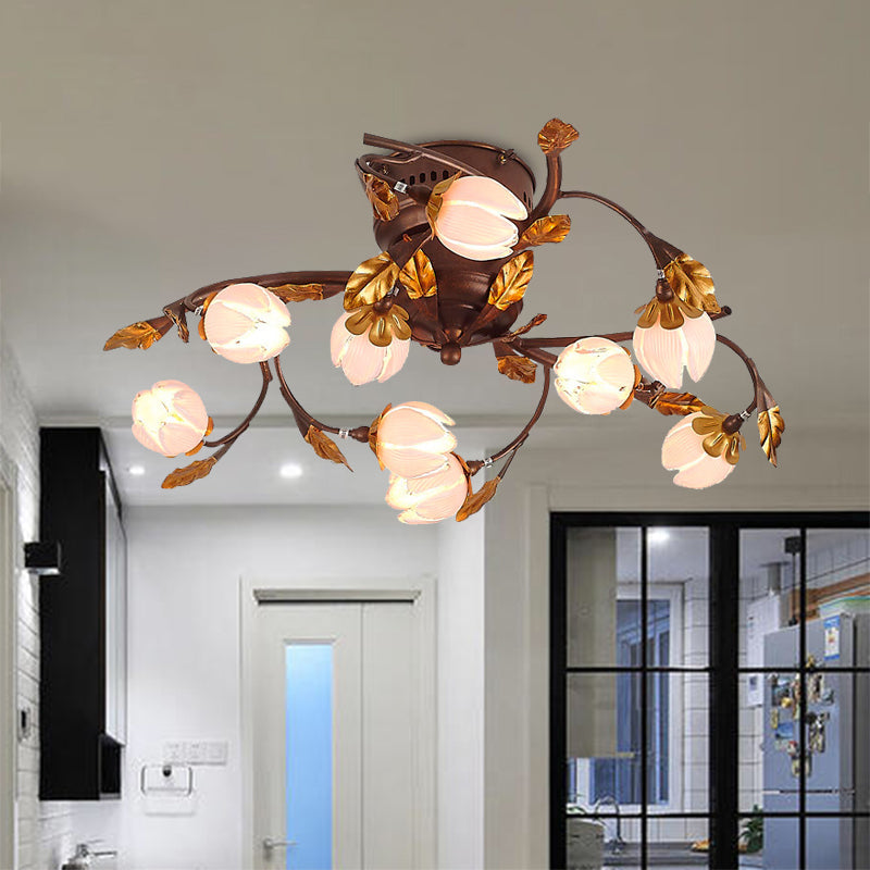 Lotus Metal Ceiling Lamp - 9-Bulb Semi Flush Mount In Dark Brown Perfect For Living Rooms And