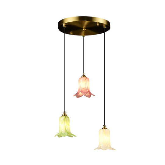 Pastoral Lily Cluster Pendant: White/Green/Purple Glass Led Ceiling Fixture For Foyer