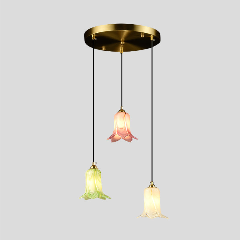 Pastoral Lily Cluster Pendant: White/Green/Purple Glass Led Ceiling Fixture For Foyer