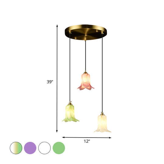 Pastoral Lily Cluster Pendant: White/Green/Purple Glass Led Ceiling Fixture For Foyer