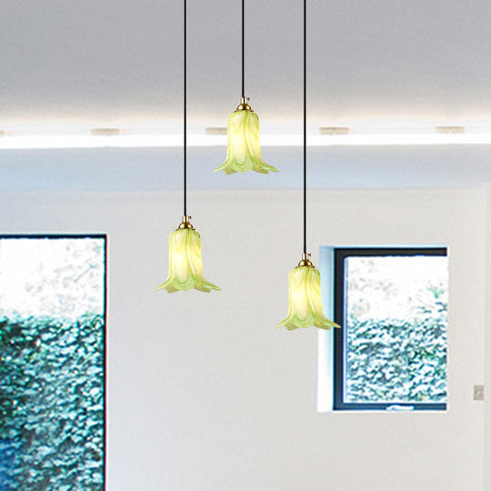 Pastoral Lily Cluster Pendant: White/Green/Purple Glass Led Ceiling Fixture For Foyer Green