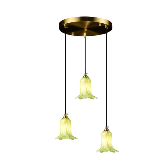 Pastoral Lily Cluster Pendant: White/Green/Purple Glass Led Ceiling Fixture For Foyer