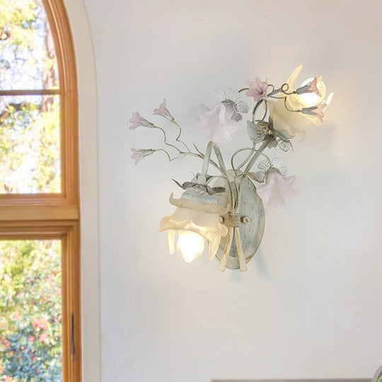 Korean Flower Metal Wall Sconce Lamp - 2 Bulbs Light Fixture In Gray And White For Bathroom