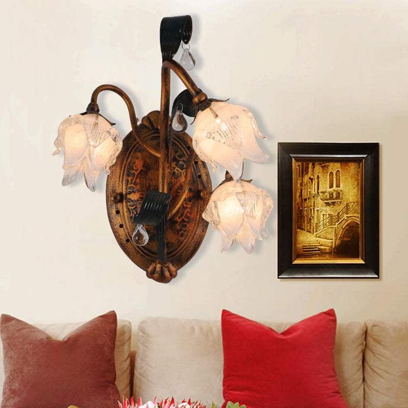 American 3-Head Metal Flower Wall Sconce Light Fixture In Brass Ideal For Living Room