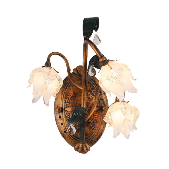 American 3-Head Metal Flower Wall Sconce Light Fixture In Brass Ideal For Living Room