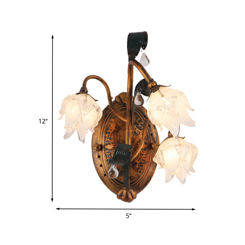 American 3-Head Metal Flower Wall Sconce Light Fixture In Brass Ideal For Living Room