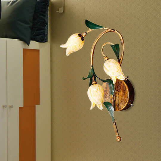 Brass Tulip Wall Mounted Sconce Light Fixture - Pastoral Style For Living Room 3 Bulbs Metal