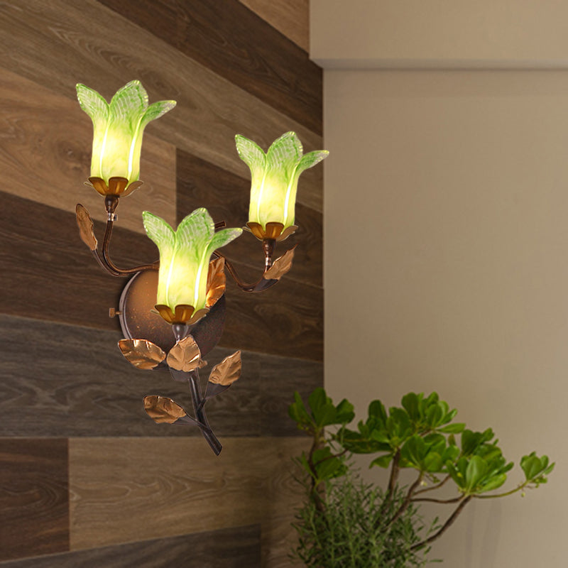 American Garden Metal Lotus/Lily/Tulip Wall Light - Dark Brown 3 Bulbs Led Living Room Lighting / C