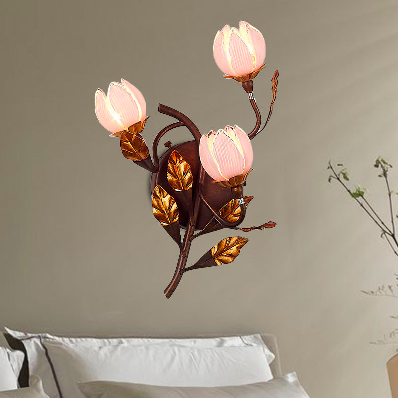 American Garden Metal Lotus/Lily/Tulip Wall Light - Dark Brown 3 Bulbs Led Living Room Lighting / E