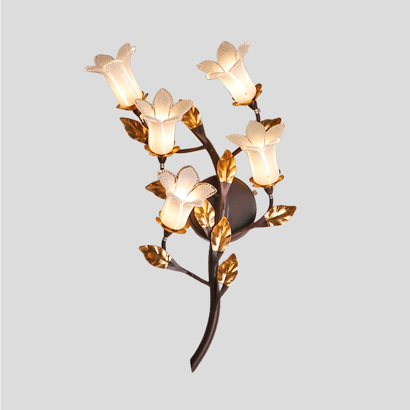 American Garden 5-Head Metal Wall Lamp In Dark Brown - Lotus/Lily/Tulip Sconce Lighting Fixture For