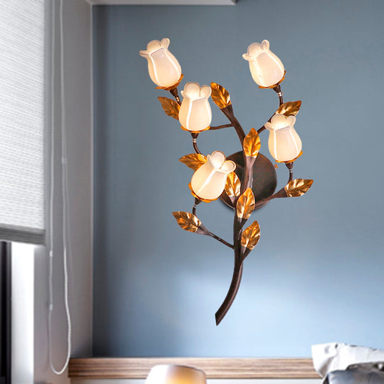 American Garden 5-Head Metal Wall Lamp In Dark Brown - Lotus/Lily/Tulip Sconce Lighting Fixture For