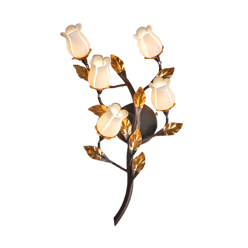 American Garden 5-Head Metal Wall Lamp In Dark Brown - Lotus/Lily/Tulip Sconce Lighting Fixture For