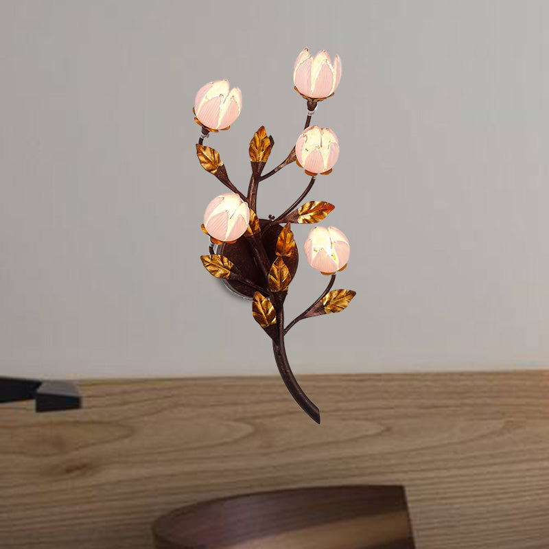 American Garden 5-Head Metal Wall Lamp In Dark Brown - Lotus/Lily/Tulip Sconce Lighting Fixture For