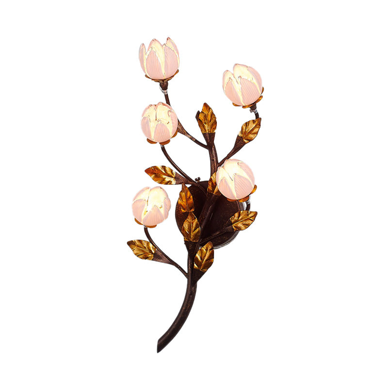 American Garden 5-Head Metal Wall Lamp In Dark Brown - Lotus/Lily/Tulip Sconce Lighting Fixture For