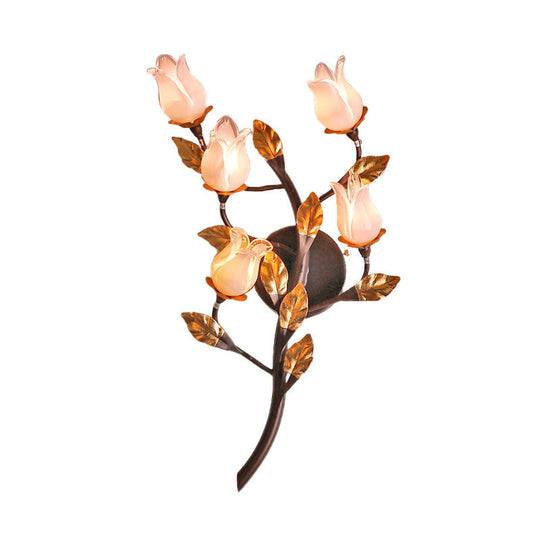 American Garden 5-Head Metal Wall Lamp In Dark Brown - Lotus/Lily/Tulip Sconce Lighting Fixture For