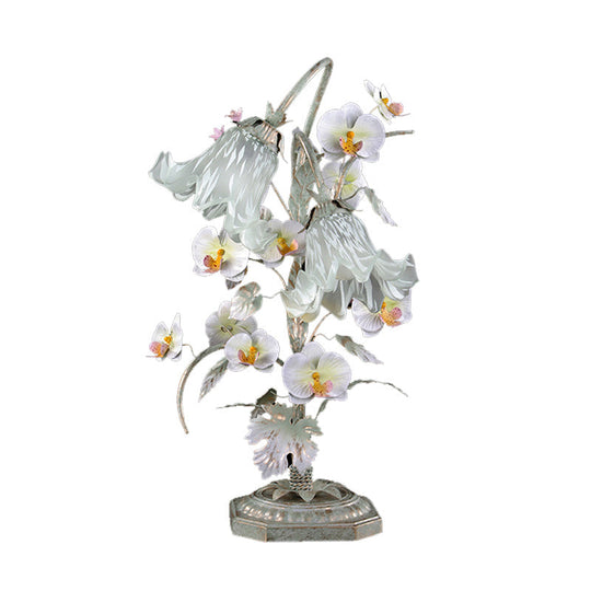 Silver Metal Flower Night Table Lamp - Countryside Nightstand Lighting For Living Room (2 Bulbs)