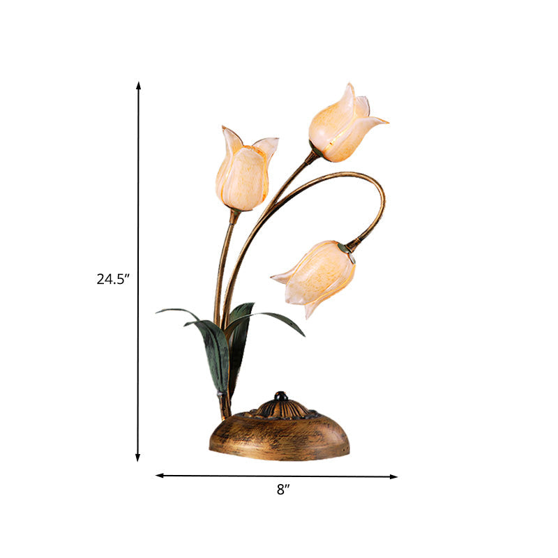 Brass Led Nightstand Light With Tulip Metal Design For Living Room - American Garden Theme