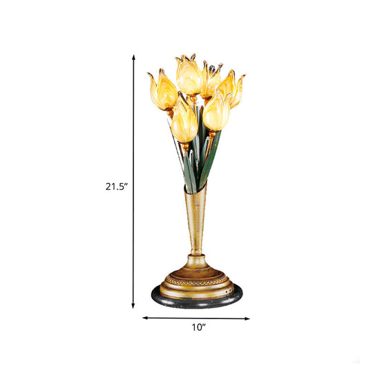 Brass Led Nightstand Light With Tulip Metal Design For Living Room - American Garden Theme