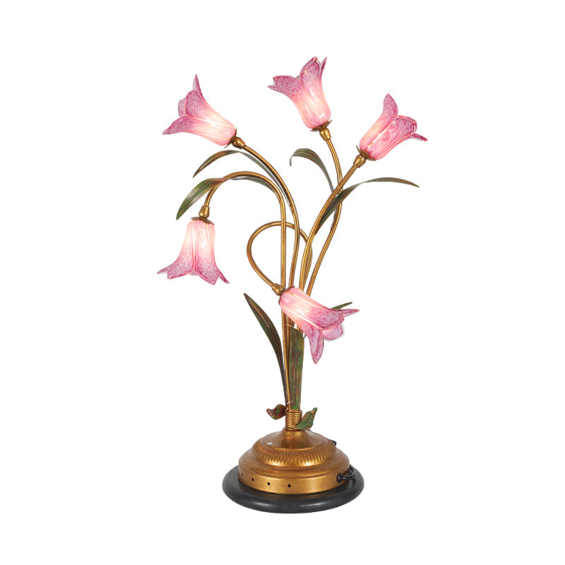 Romantic Pastoral Lily Bedside Brass Nightstand Lamp - 5-Light Led Table Lighting