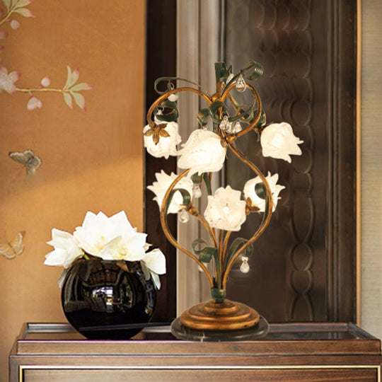 Pastoral Style Brass Metal Led Nightstand Lamp With 6 Floral Bulbs - Perfect For Bedroom Lighting