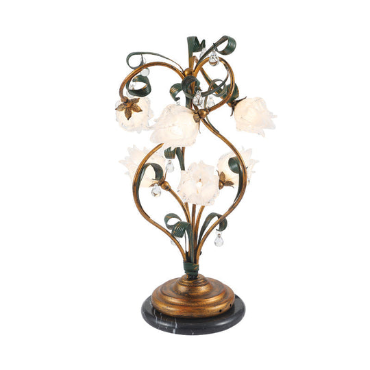 Pastoral Style Brass Metal Led Nightstand Lamp With 6 Floral Bulbs - Perfect For Bedroom Lighting