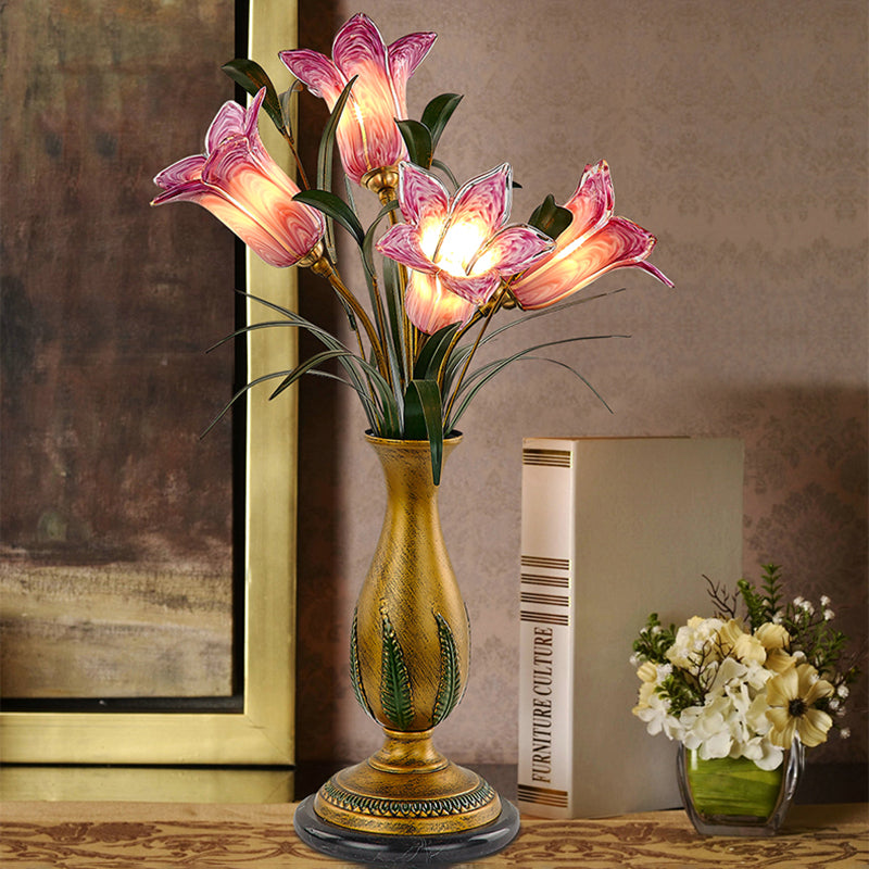 Modern Lily Glass Nightstand Light - American Garden Theme Purple/White Finish 4 Bulbs