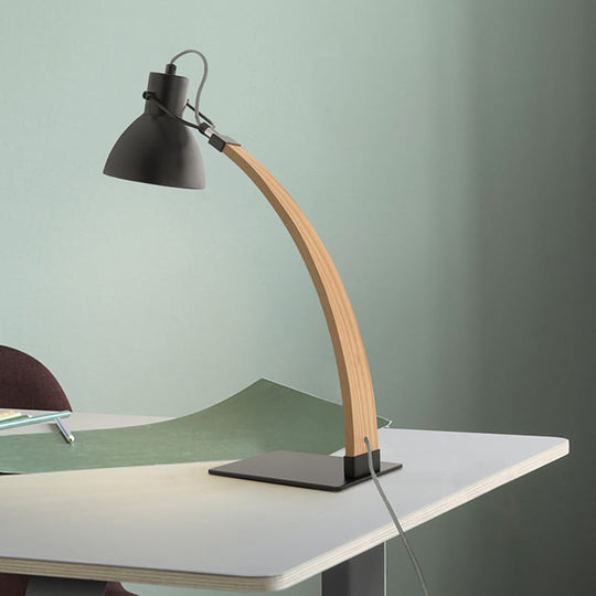 Modern Metal Domed Table Lamp With Wood Arm - Small Desk Light (White/Black)