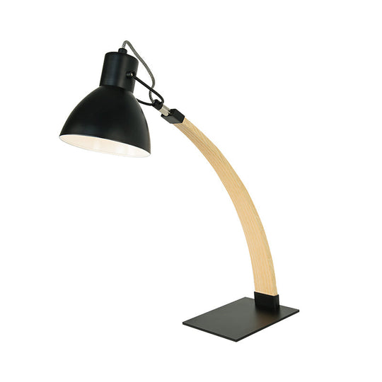 Modern Metal Domed Table Lamp With Wood Arm - Small Desk Light (White/Black)